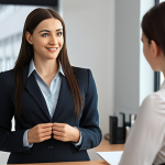 **A person confidently saying "no" to a request, while maintaining a friendly and approachable demeanor. The setting is a modern office, with a blurred background to emphasize the person's assertiveness and healthy boundaries.**