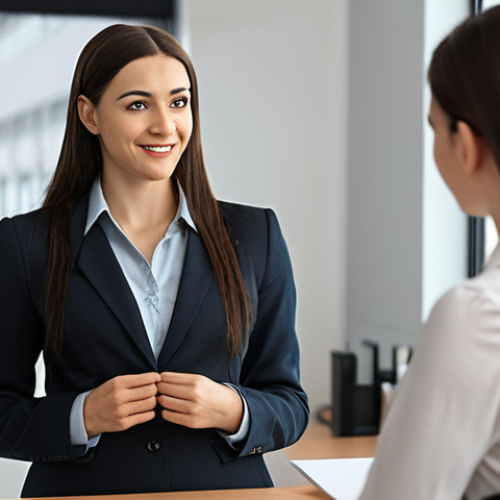 **A person confidently saying "no" to a request, while maintaining a friendly and approachable demeanor. The setting is a modern office, with a blurred background to emphasize the person's assertiveness and healthy boundaries.**
