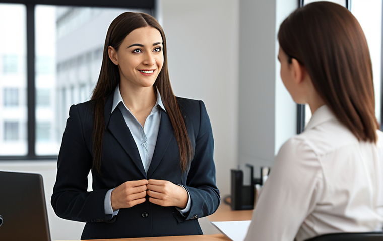 **A person confidently saying "no" to a request, while maintaining a friendly and approachable demeanor. The setting is a modern office, with a blurred background to emphasize the person's assertiveness and healthy boundaries.**