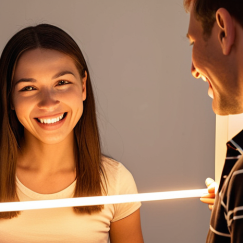**Prompt:** A person confidently setting a boundary with a friendly smile, visualized as a clear, glowing line separating them from another person. Soft, warm lighting. Focus on empowerment and respect.