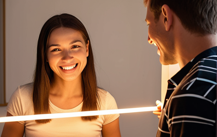 **Prompt:** A person confidently setting a boundary with a friendly smile, visualized as a clear, glowing line separating them from another person. Soft, warm lighting. Focus on empowerment and respect.