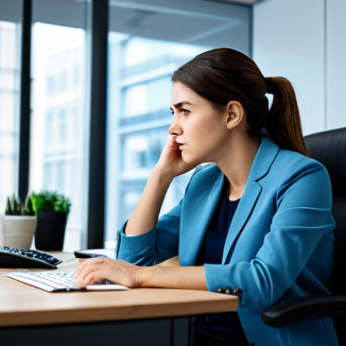 A professional individual, fully clothed in modest business casual attire, seated at a modern office desk that appears slightly cluttered. Their posture conveys a subtle sense of mental exhaustion and being overwhelmed by demands, yet remains natural and professional. A digital screen in the background shows a blurred stream of notifications, subtly hinting at constant interruptions. The atmosphere is one of high demand and slight fatigue. Professional photography, soft natural lighting, high quality, appropriate content, safe for work, perfect anatomy, correct proportions, well-formed hands, natural body proportions, family-friendly.