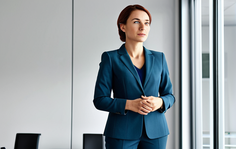 Assertive Woman in Office**

"A confident businesswoman in a modest blazer and slacks, standing in a bright office, calmly but firmly addressing a colleague, fully clothed, appropriate attire, safe for work, professional setting, perfect anatomy, natural proportions, assertive body language."

**