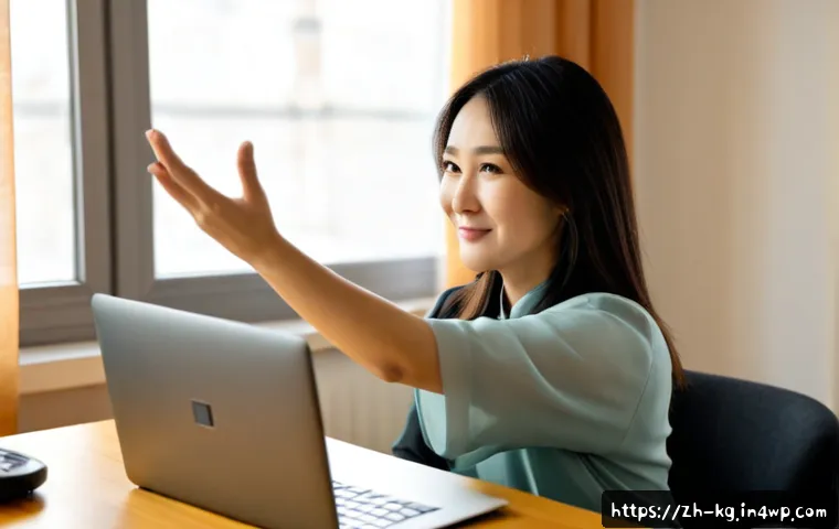 스트레스를 줄이는 경계 설정의 기술 - Photorealistic home office scene, calm middle-aged woman gently holding up one open hand in a clear ...